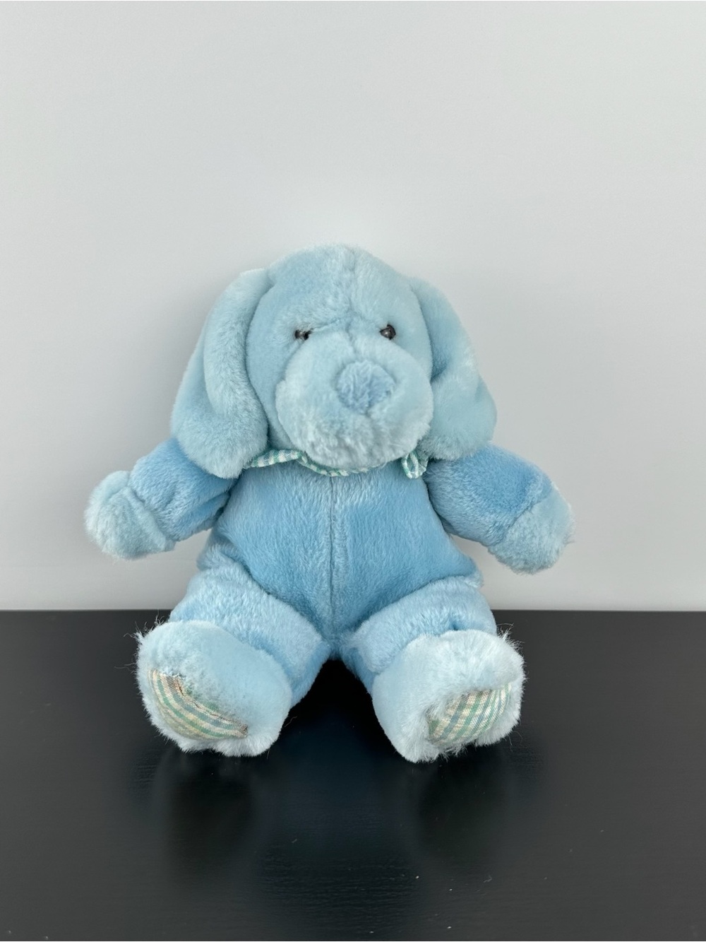 Russ Berrie Rare Dexter Blue Puppy Dog 8” Gingham Plaid Feet Plush Rattle Inside